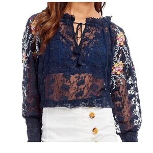 Free People Jubilee Lace Embroidered Bell Sleeve Tassel Tie Blouse Top XS
